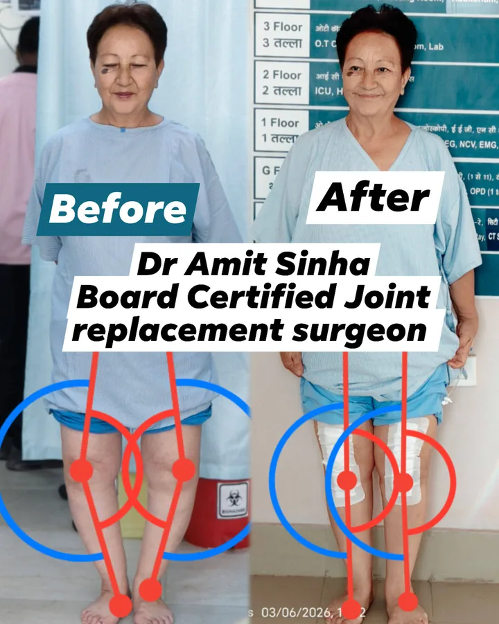 Before and after knee replacement result — patient at BIG Apollo Spectra Hospital treated by Dr. Amit Sinha, Patna